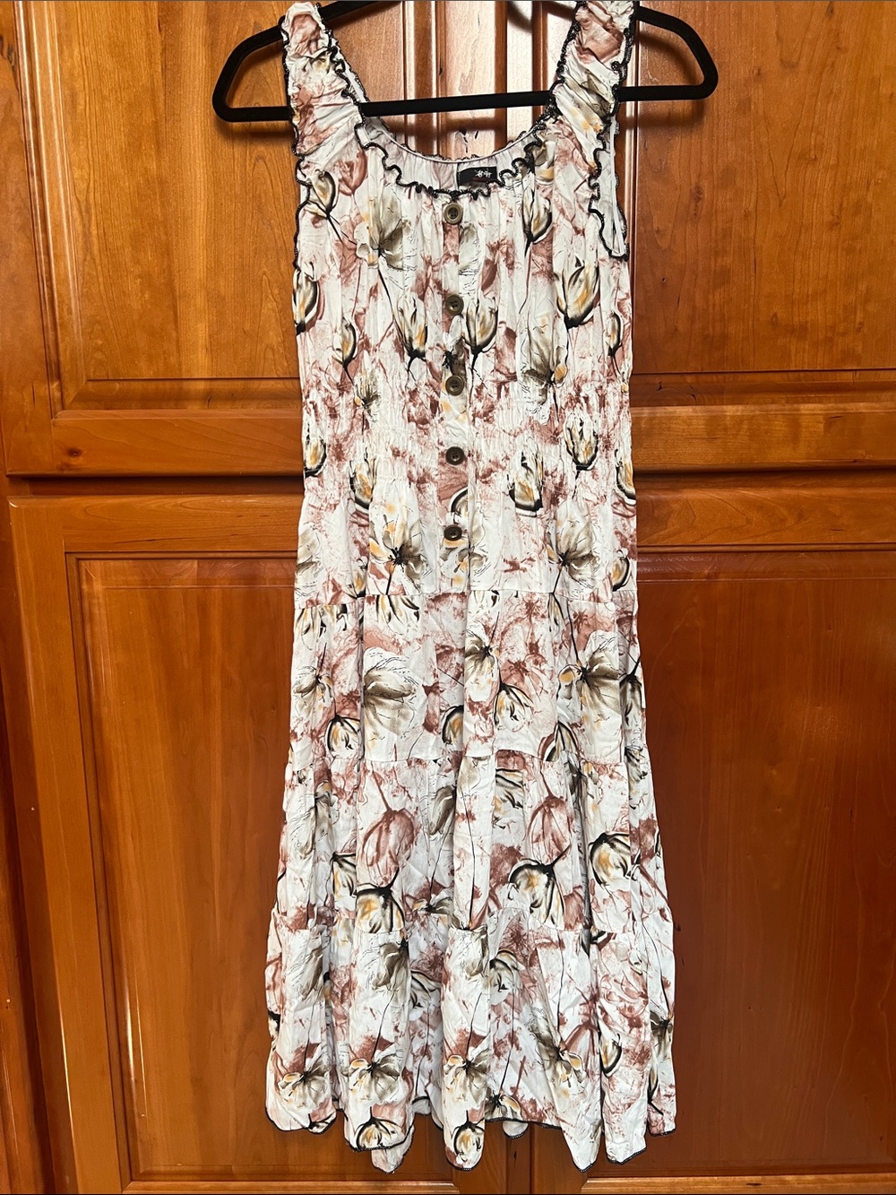 EUC Tiered Floral Midi Dress in Cream and Dusty Rose with black stitching
